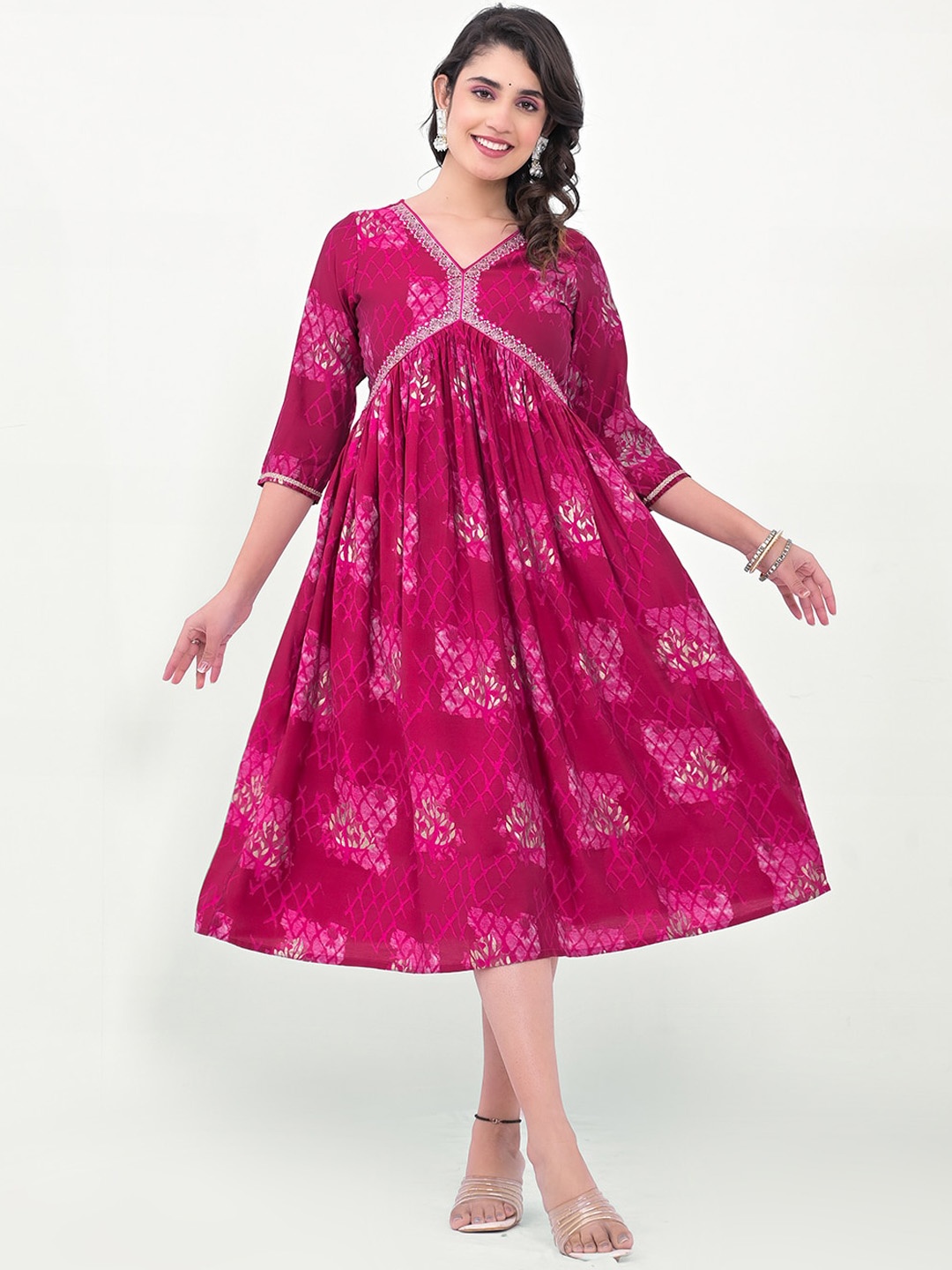 

Label Khoj Floral Printed V-Neck Sequined Silk A-Line Ethnic Dress, Red