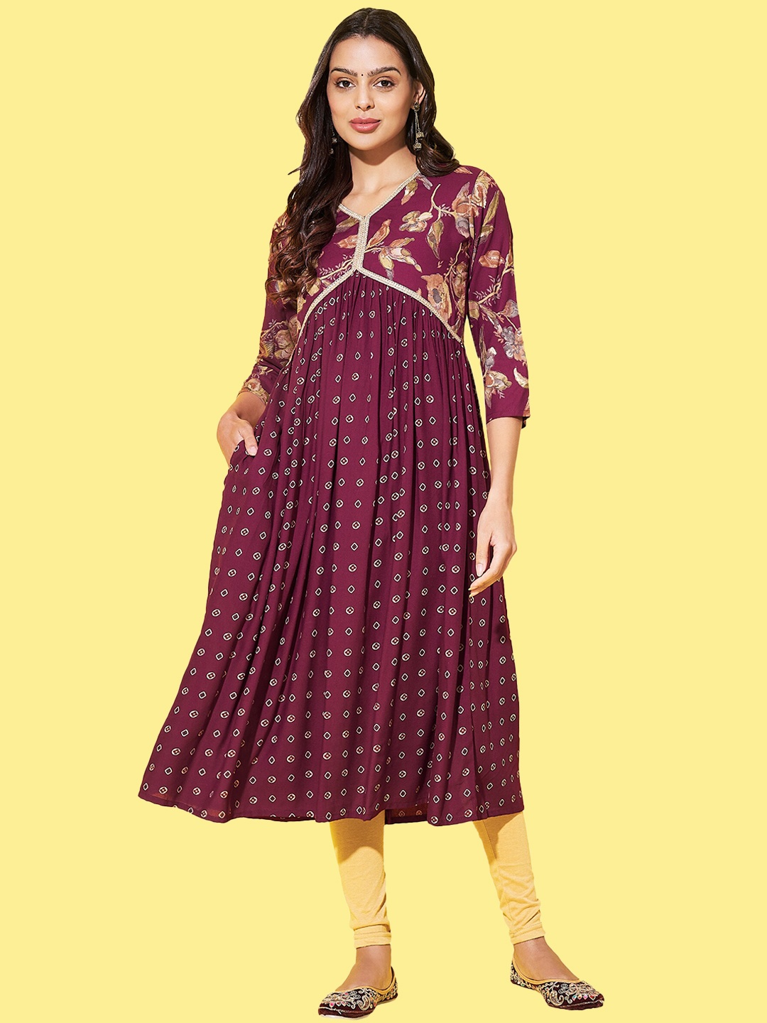 

Label Khoj Ethnic Motifs Printed Silk A-Line Kurta, Maroon