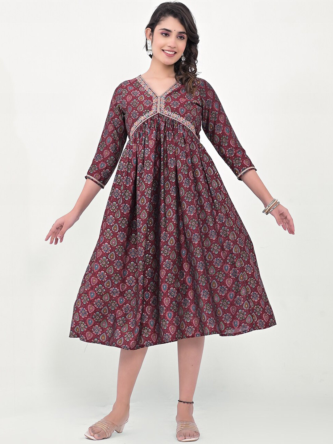 

Label Khoj Floral Printed V-Neck Sequined Silk A-Line Ethnic Dress, Maroon