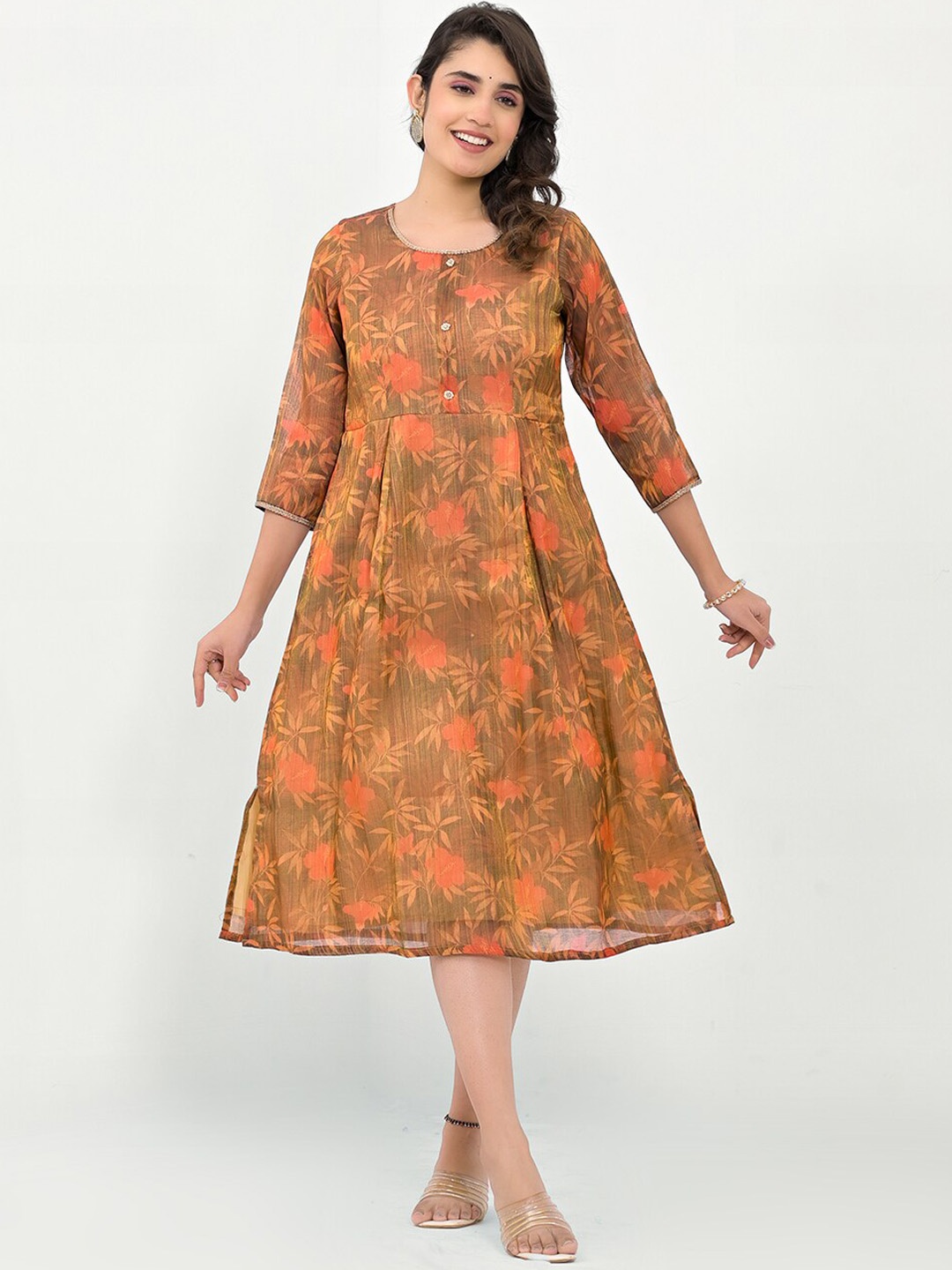 

Label Khoj Floral Printed Silk A-Line Ethnic Dress, Brown