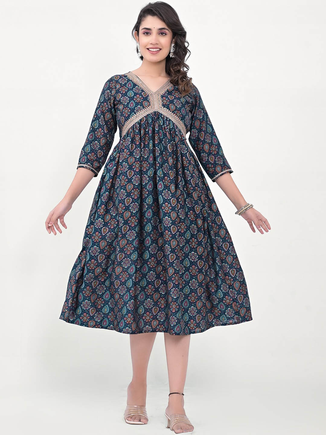 

Label Khoj Floral Printed V-Neck Sequined Silk A-Line Ethnic Dress, Navy blue