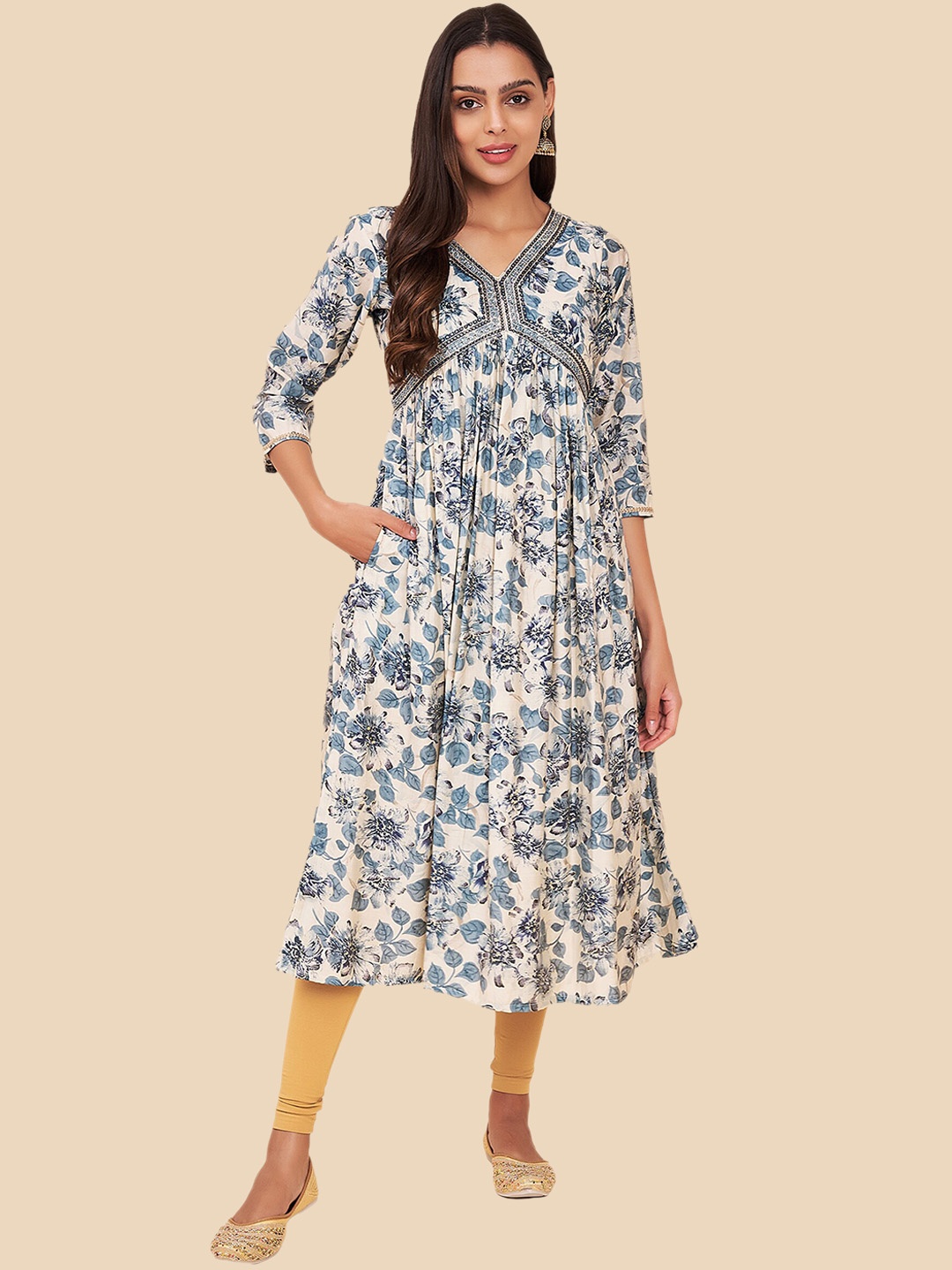 

Label Khoj Floral Printed Silk A-Line Kurta, Blue