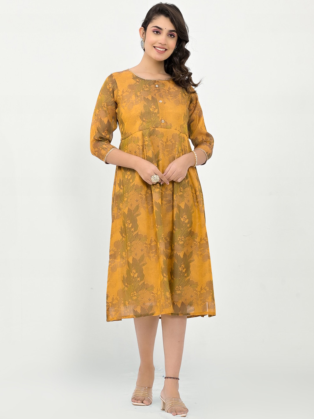 

Label Khoj Printed A-Line Ethnic Dress, Mustard