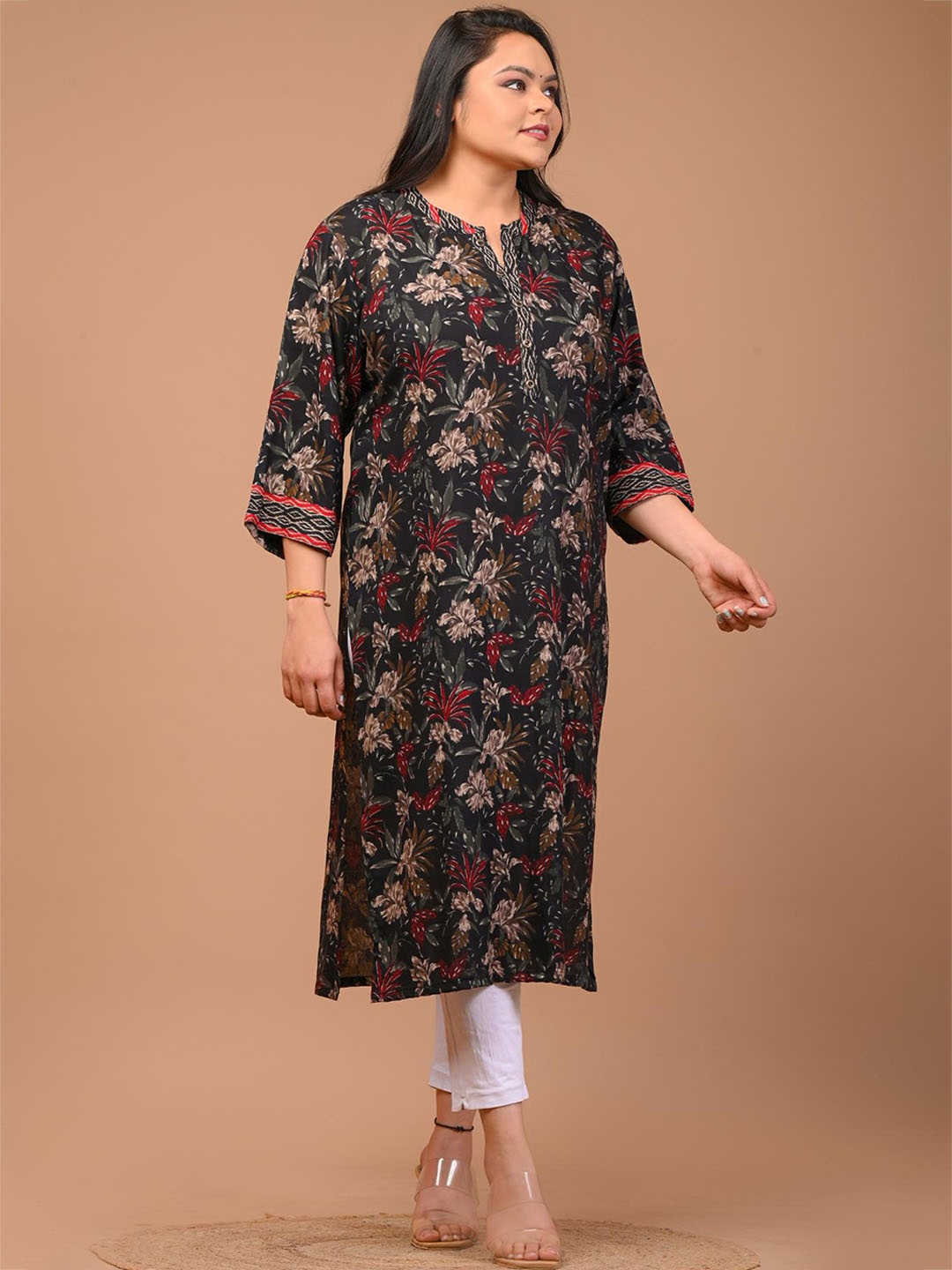 

Swasti Plus Size Floral Printed Straight Kurta, Brown