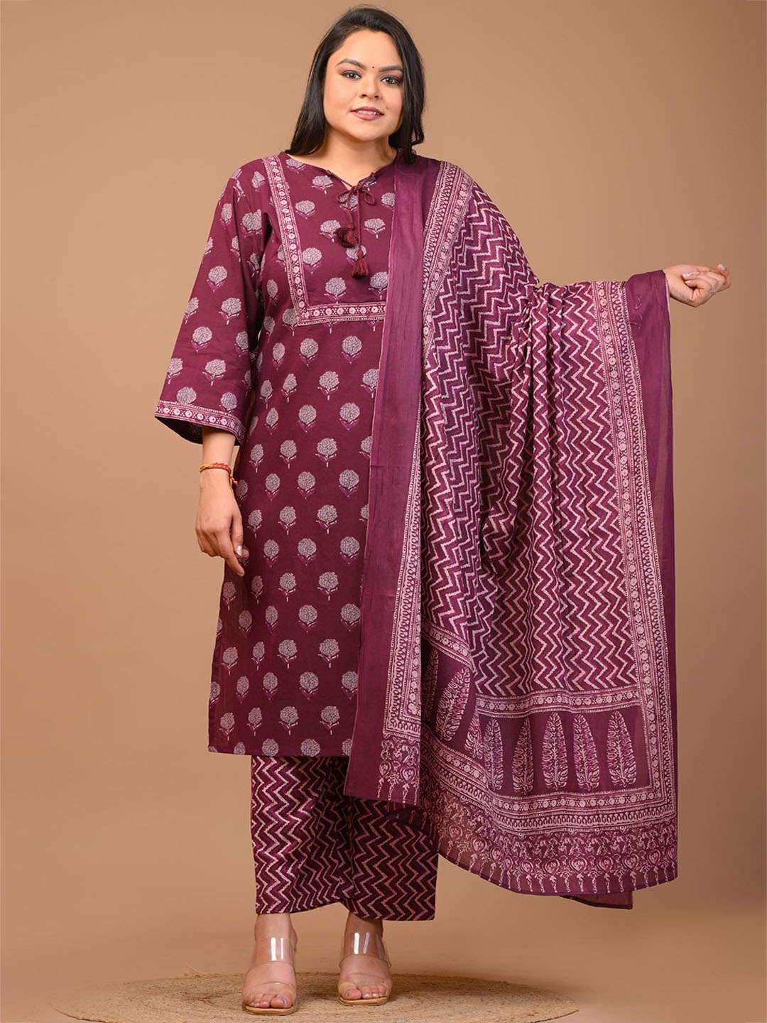 

Swasti Floral Printed Regular Sequinned Pure Cotton Kurta With Trousers & Dupatta, Purple