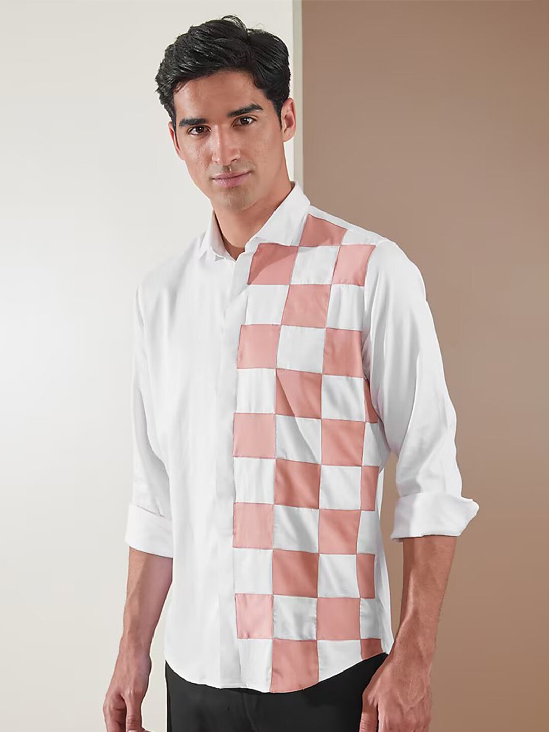 

HE SPOKE Smart Tailored Fit Gingham Checked Spread Collar Long Sleeves Cotton Casual Shirt, White