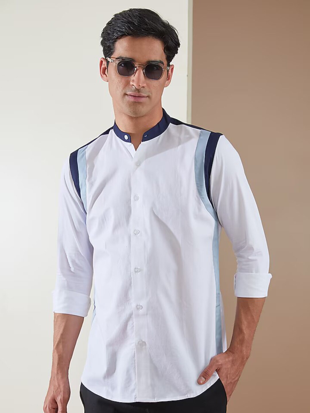 

HE SPOKE Smart Tailored Fit Mandarin Collar Twill Weave Cotton Shirt, White