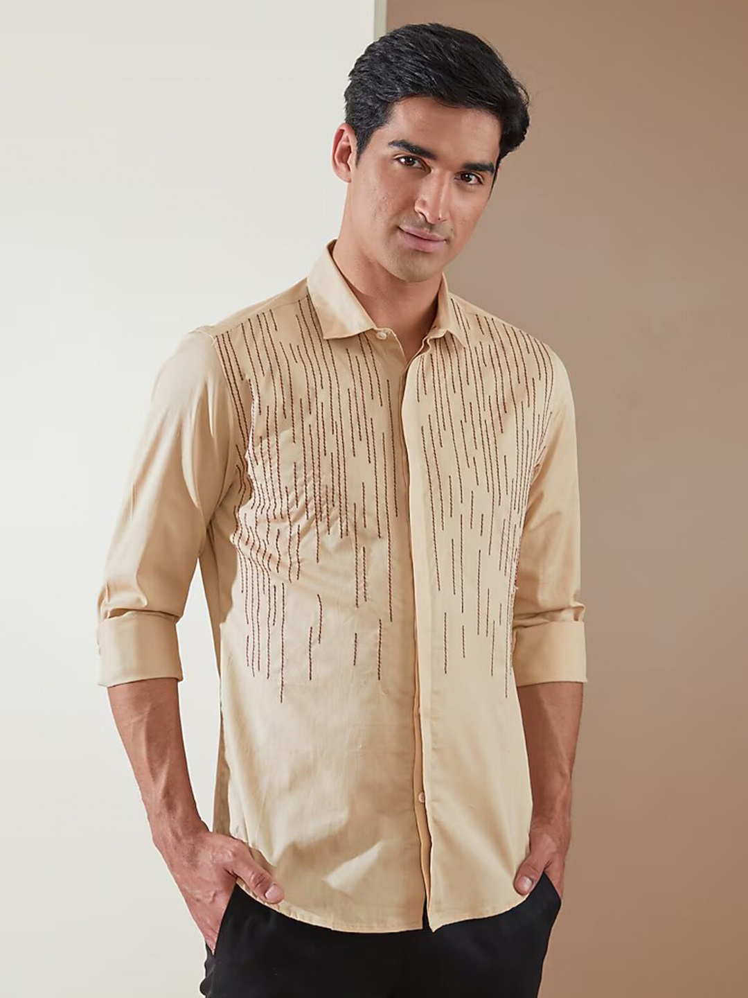 

HE SPOKE Smart Tailored Fit Striped Embroidered Spread Collar Twill Weave Cotton Shirt, Cream