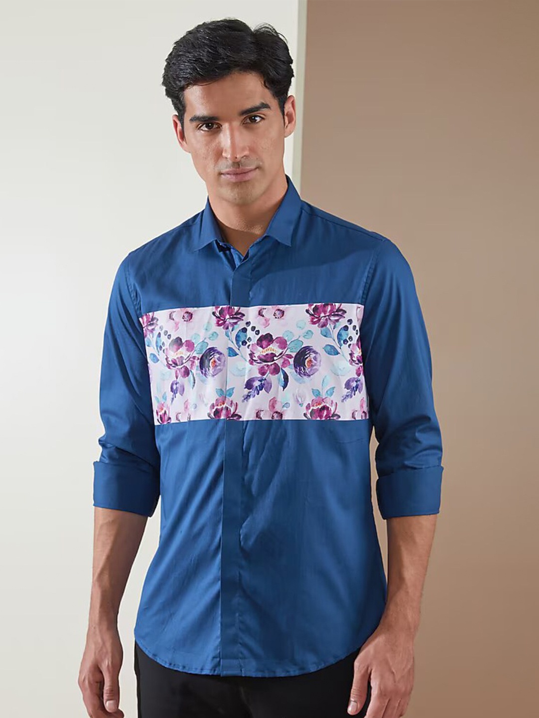 

HE SPOKE Smart Tailored Fit Floral Printed Spread Collar Twill Weave Cotton Shirt, Blue