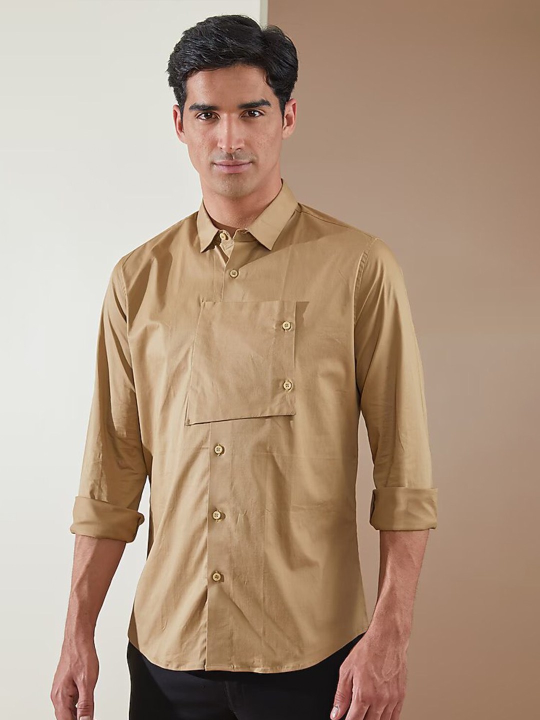 

HE SPOKE Smart Tailored Fit Patchwork Cotton Casual Shirt, Khaki