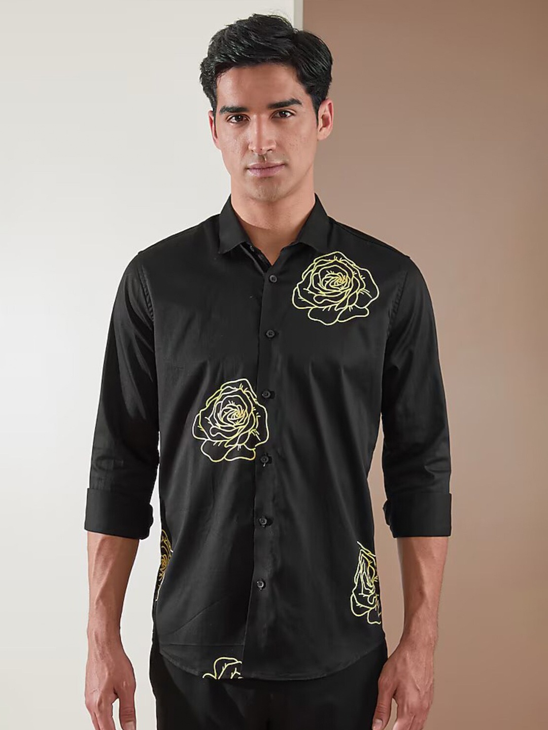 

HE SPOKE Smart Tailored Fit Floral Printed Casual Shirt, Black