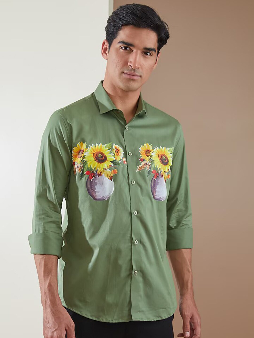 

HE SPOKE Smart Tailored Fit Floral Floral Printed Cotton Casual Shirt, Green