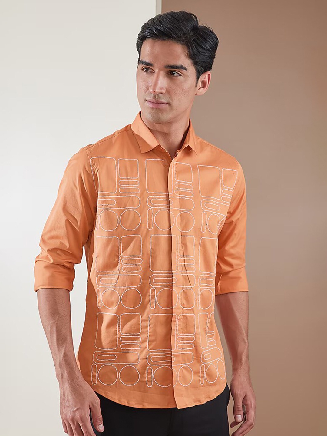 

HE SPOKE Smart Tailored Fit Opaque Thread Work Cotton Casual Shirt, Orange