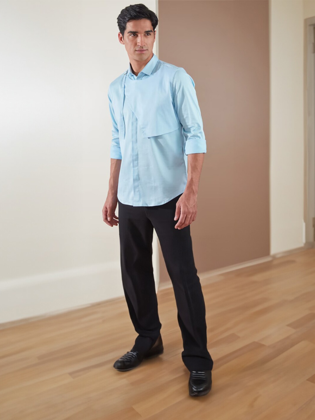 

HE SPOKE Smart Tailored Fit Patchwork Cotton Casual Shirt, Blue