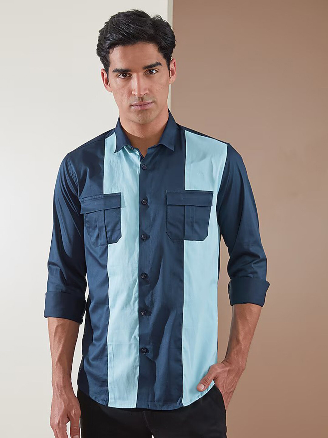 

HE SPOKE Smart Tailored Fit Patchwork Cotton Casual Shirt, Navy blue