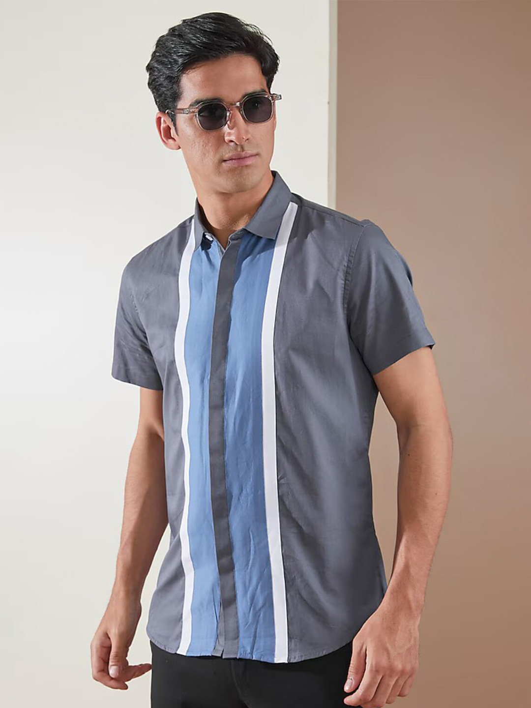 

HE SPOKE Smart Tailored Fit Striped Patchwork Cotton Casual Shirt, Grey