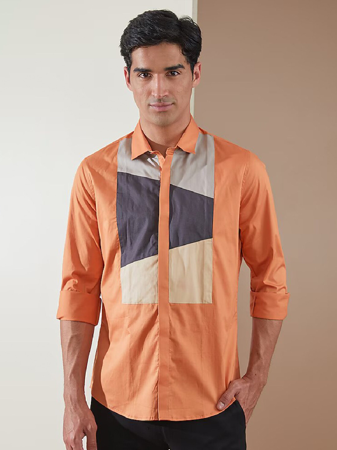

HE SPOKE Smart Tailored Fit Colorblocked Applique Casual Shirt, Orange