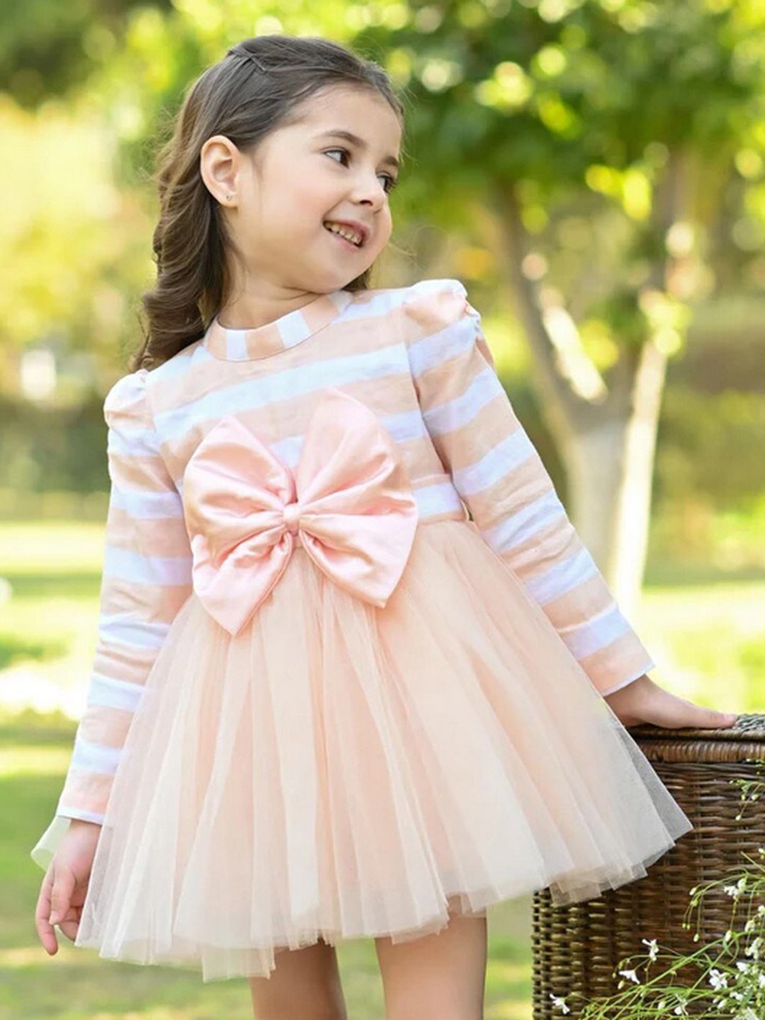 

THE PONY & PEONY CO. Girls Striped Bow Detailed Cotton Fit & Flare Dress, Peach