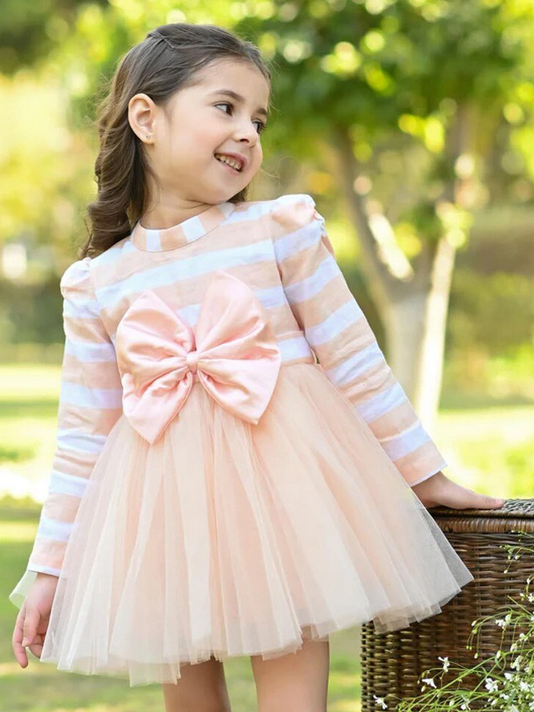 

THE PONY & PEONY CO. Girls Striped Bow Detailed Cotton Fit & Flare Dress, Peach