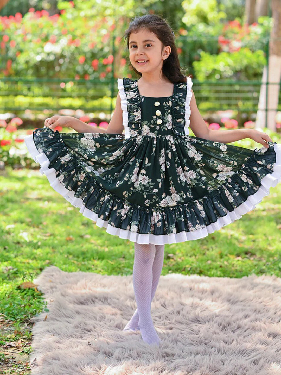 

THE PONY & PEONY CO. Girls Floral Printed Square Neck Flutter Sleeve Cotton A-Line Dress, Green