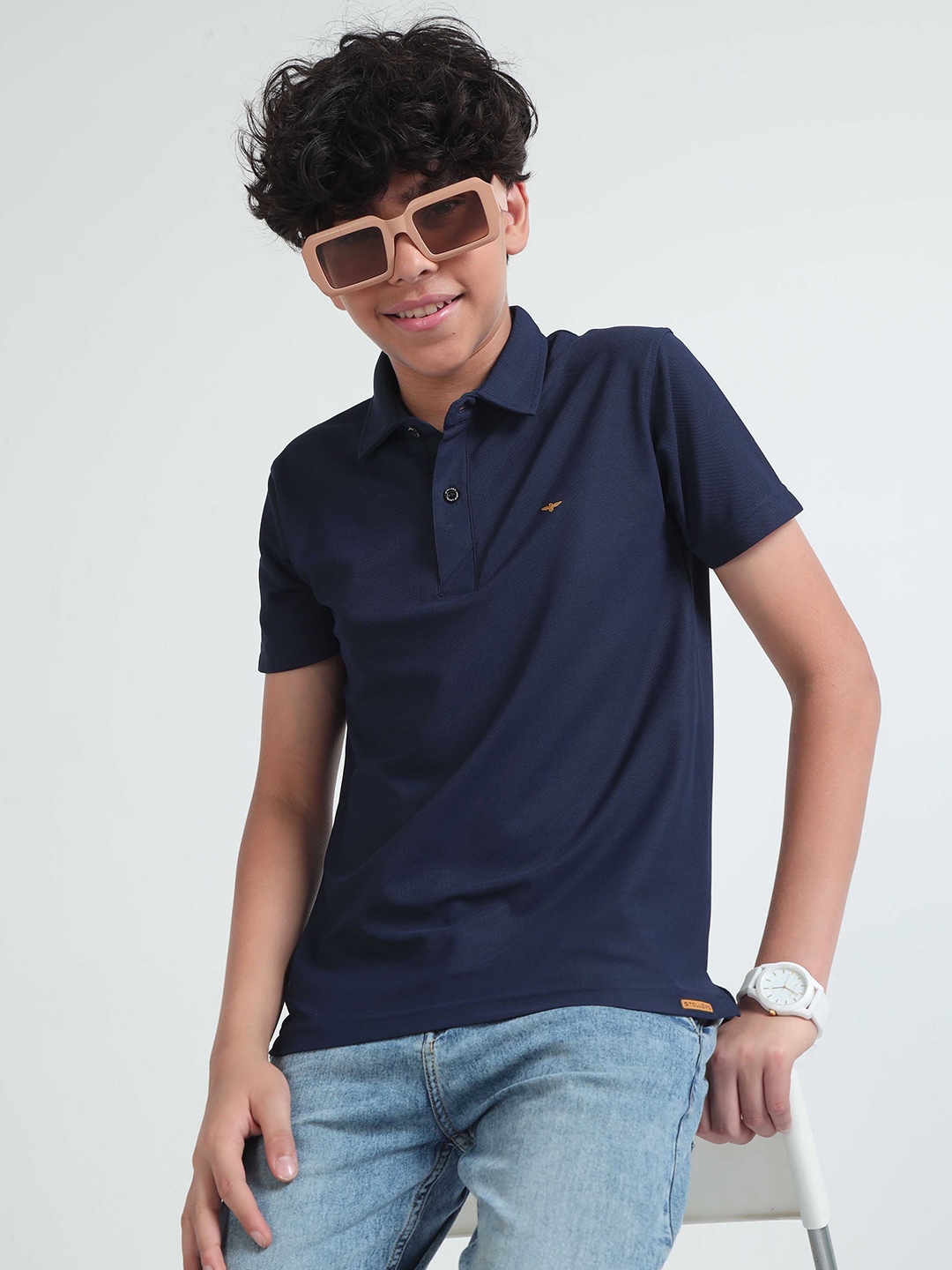 

STELLERS Boys Polo Collar Short Sleeves Stretchable Casual T-shirt, Navy blue