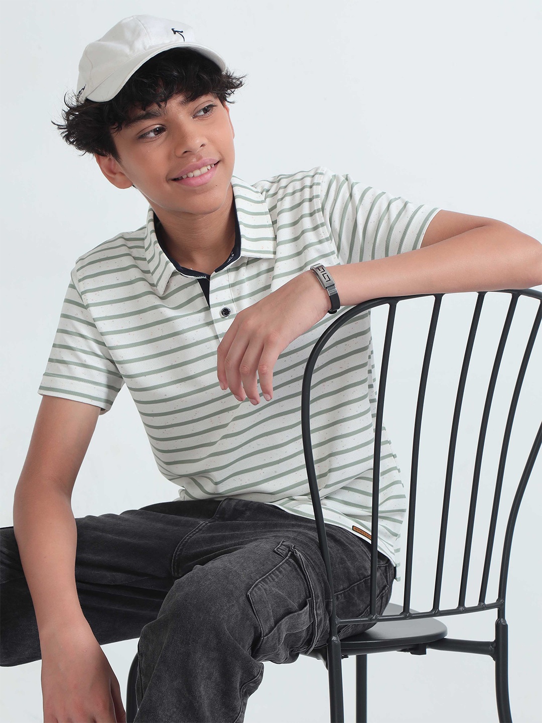 

STELLERS Boys Striped Regular Fit Short Sleeves Polo Collar T-shirt, Green