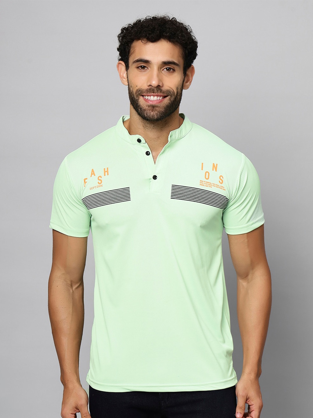 

N AND J Typography Printed Henley Neck Cotton T-shirt, Green