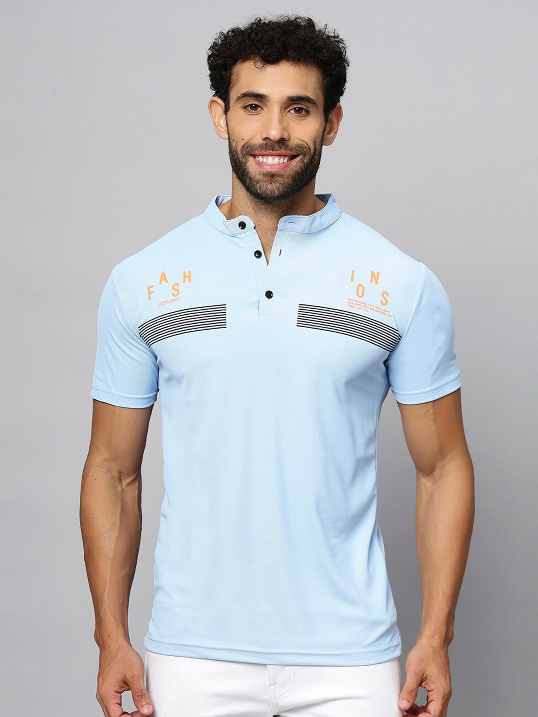 

N AND J Mandarin Collar Cotton T-shirt, Blue