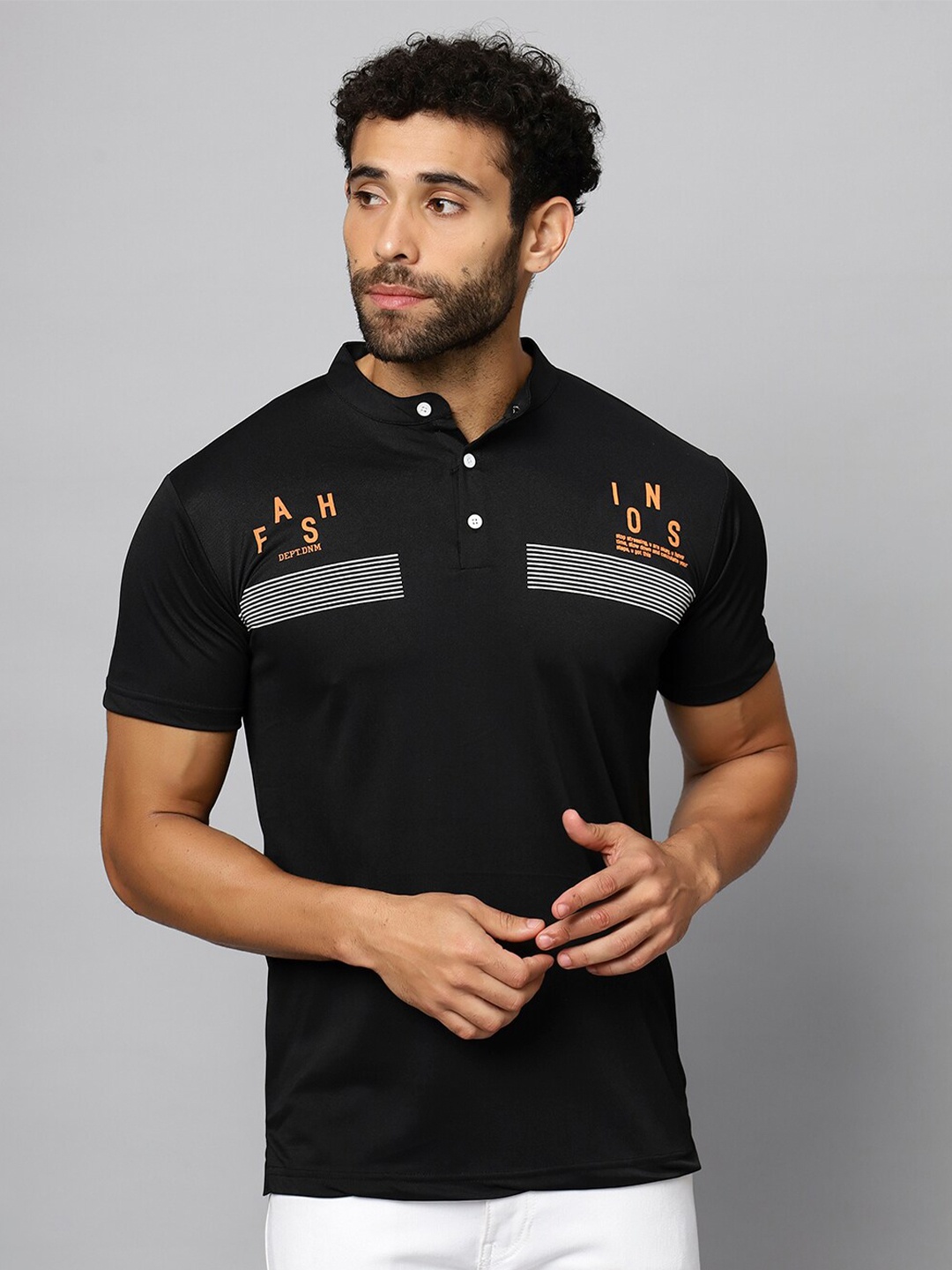 

N AND J Mandarin Collar Cotton T-shirt, Black