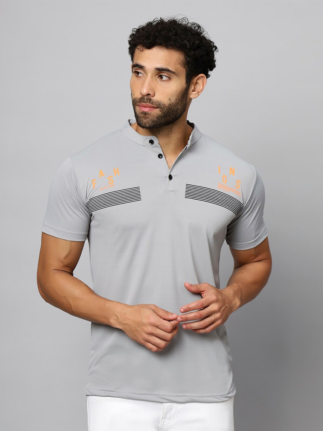

N AND J Henley Neck Printed Cotton T-shirt, Grey