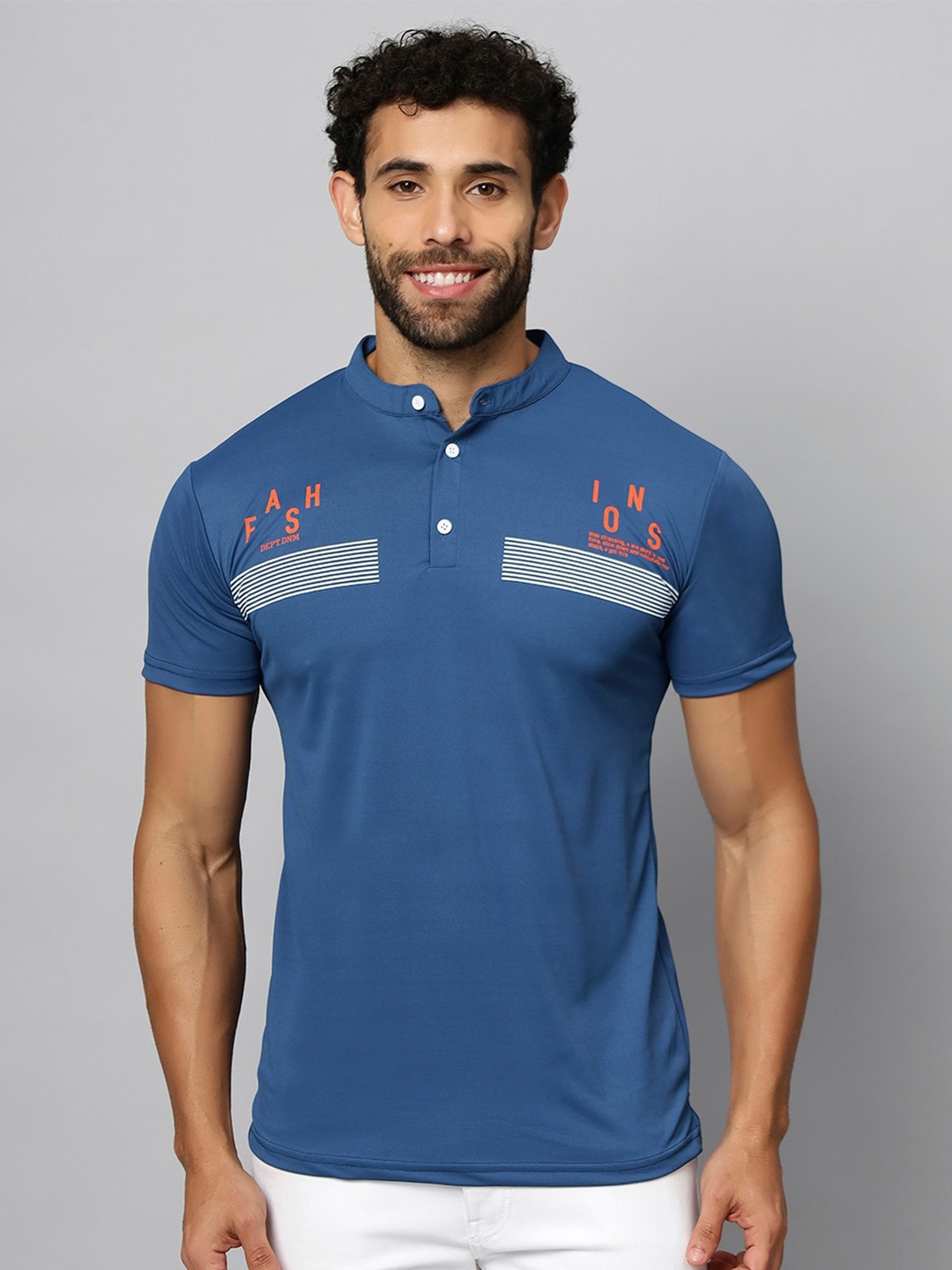 

N AND J Typography Printed Henley Neck Cotton T-shirt, Blue