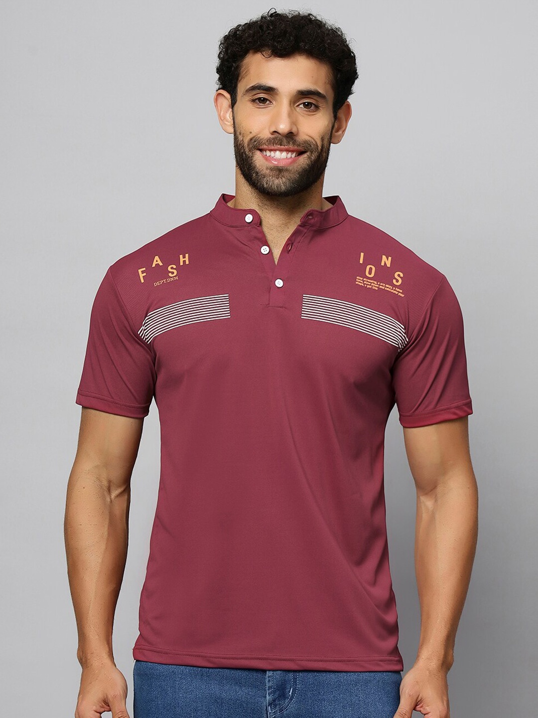 

N AND J Typography Printed Henley Neck Cotton T-shirt, Maroon