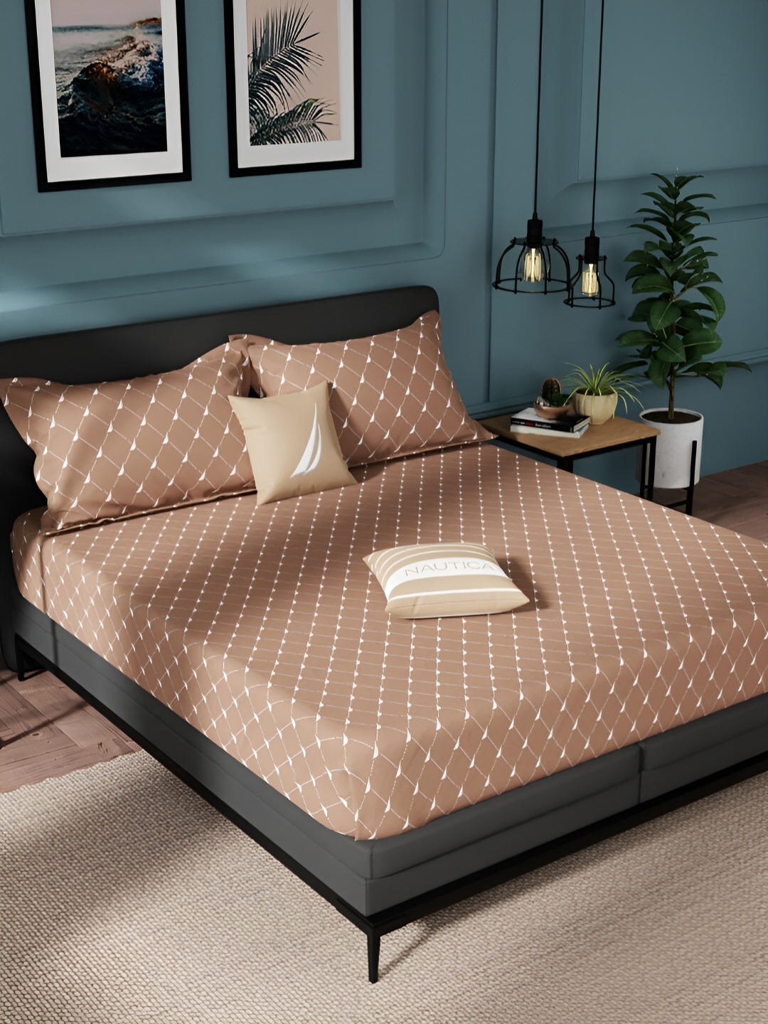 

Nautica Beige & White Geometric Pure Cotton 150 TC King Bedsheet With 2 Pillow Covers