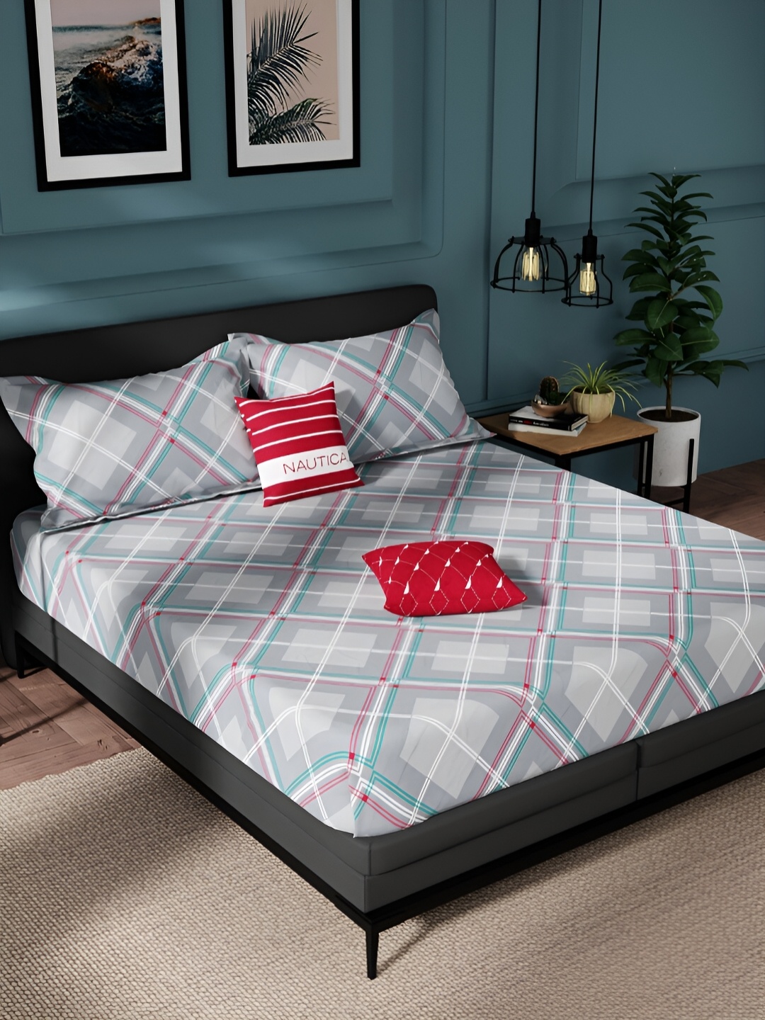 

Nautica Grey & White Geometric Pure Cotton 150 TC King Bedsheet With 2 Pillow Covers