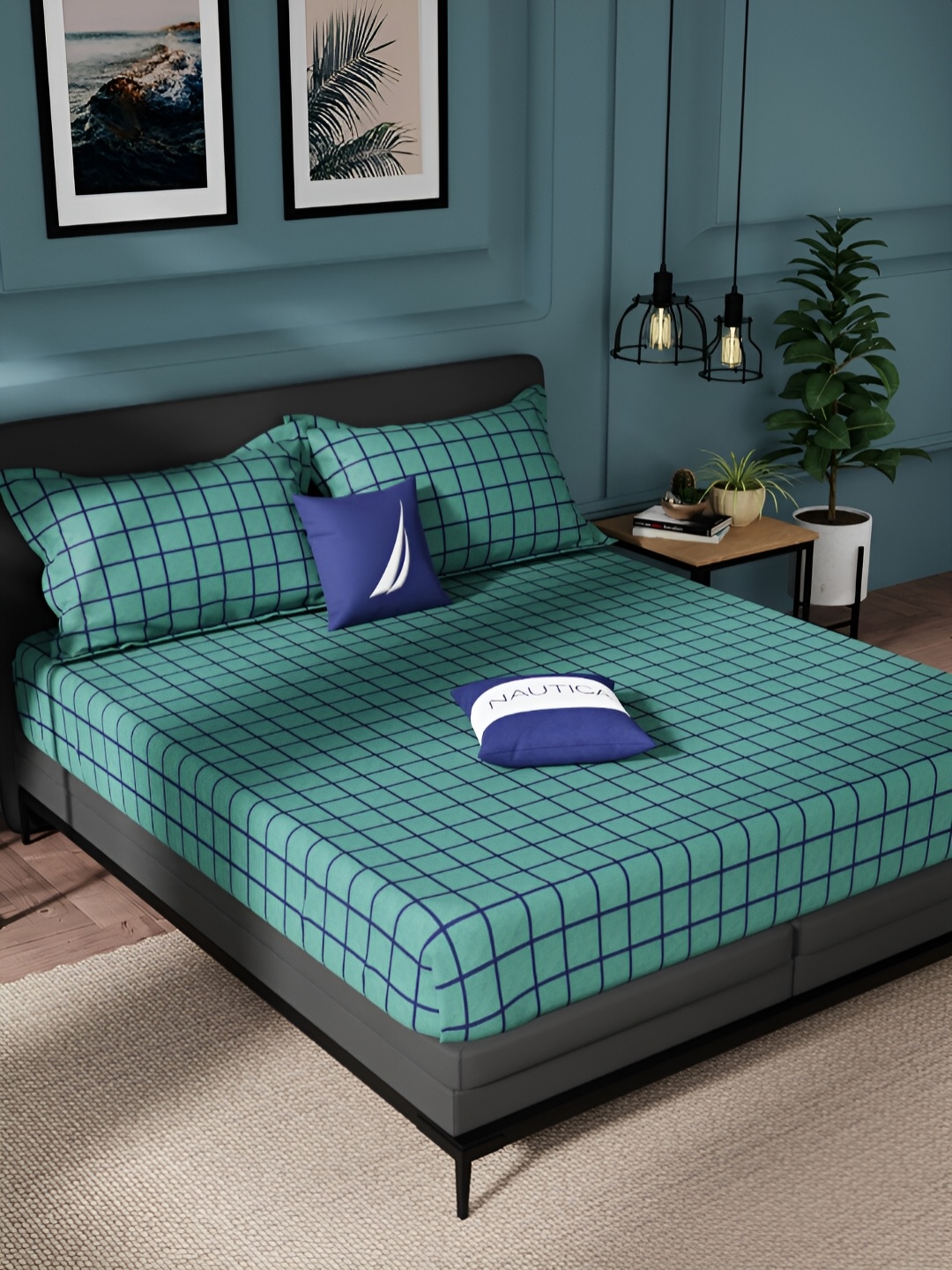 

Nautica Green & Blue Geometric Pure Cotton 150 TC King Bedsheet With 2 Pillow Covers