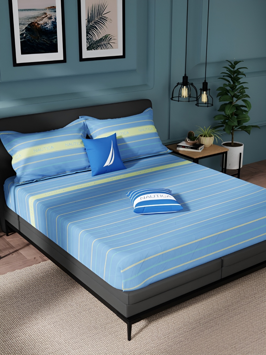 

Nautica Blue & Yellow Striped Pure Cotton 150 TC King Bedsheet With 2 Pillow Covers