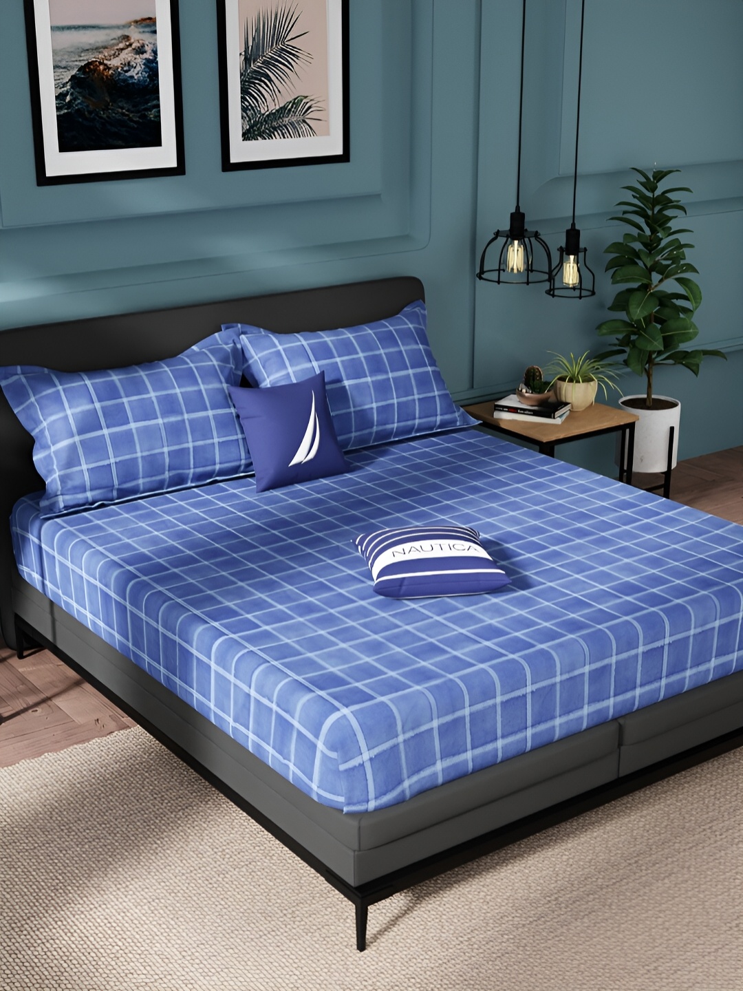 

Nautica Blue & White Geometric Pure Cotton 150 TC King Bedsheet With 2 Pillow Covers