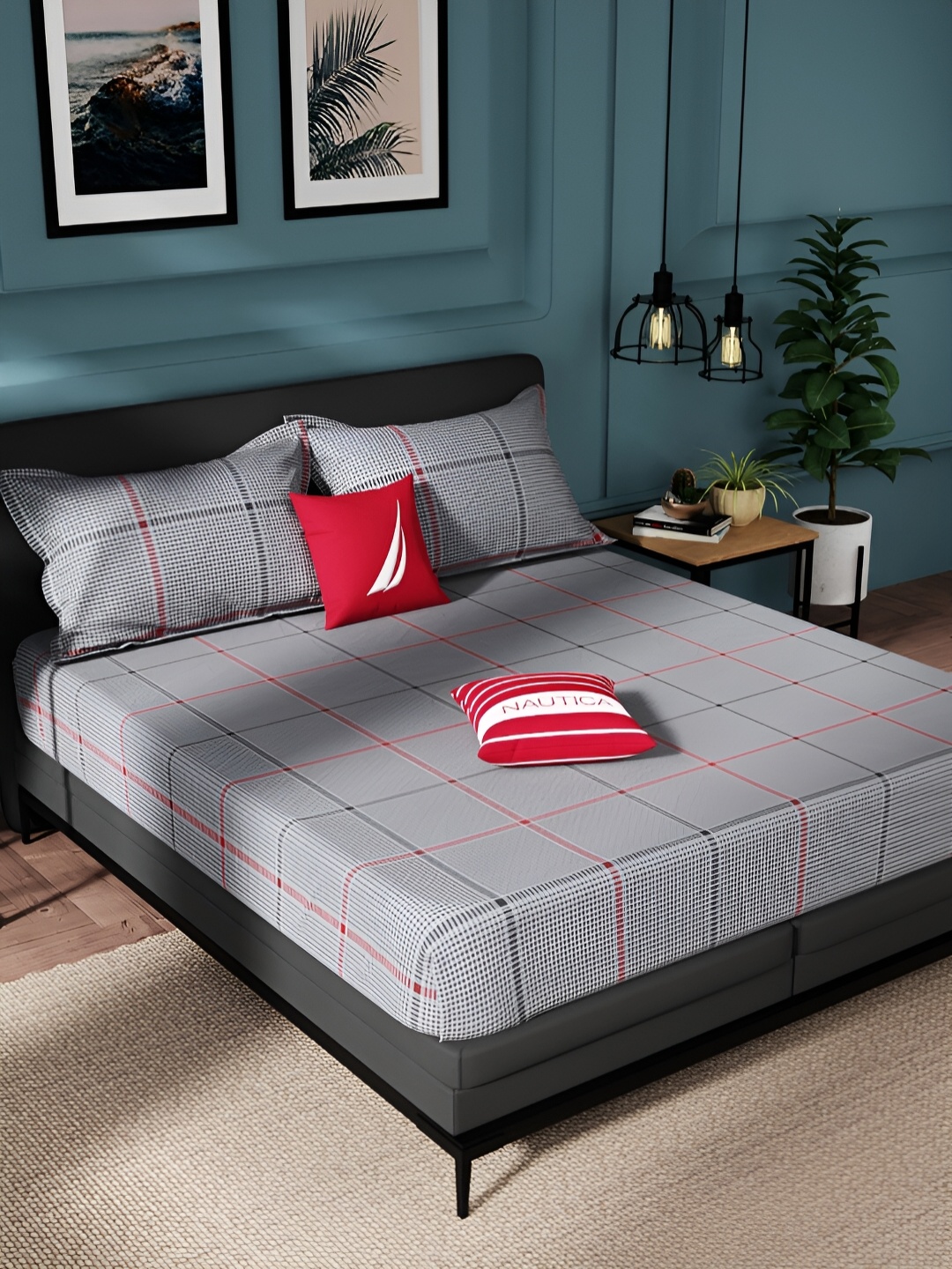

Nautica Grey & Red Geometric Pure Cotton 150 TC King Bedsheet With 2 Pillow Covers