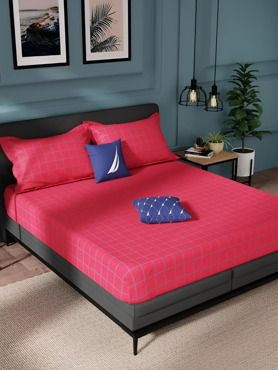 

Nautica Red & Blue Geometric Pure Cotton 150 TC King Bedsheet With 2 Pillow Covers
