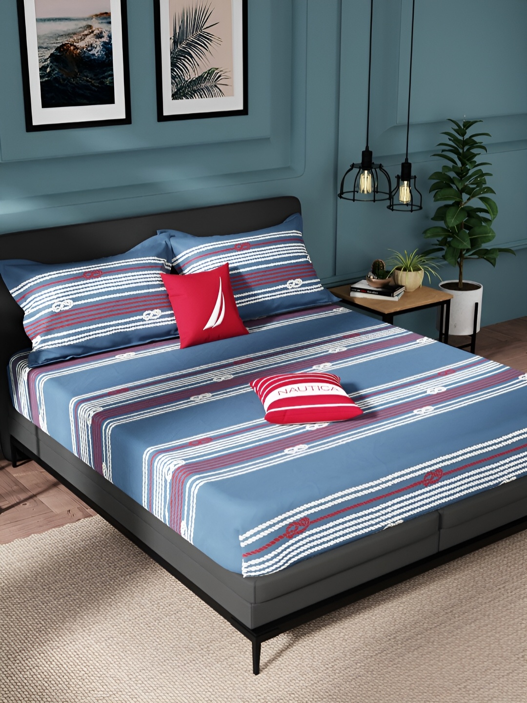 

Nautica Blue & White Striped Pure Cotton 150 TC King Bedsheet With 2 Pillow Covers