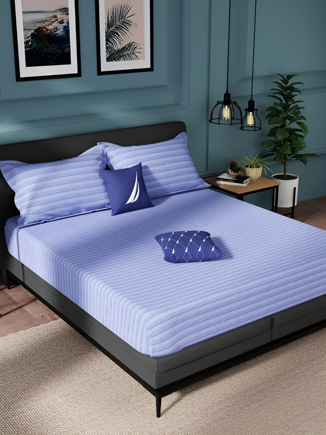

Nautica Blue Striped Pure Cotton 150 TC King Bedsheet With 2 Pillow Covers