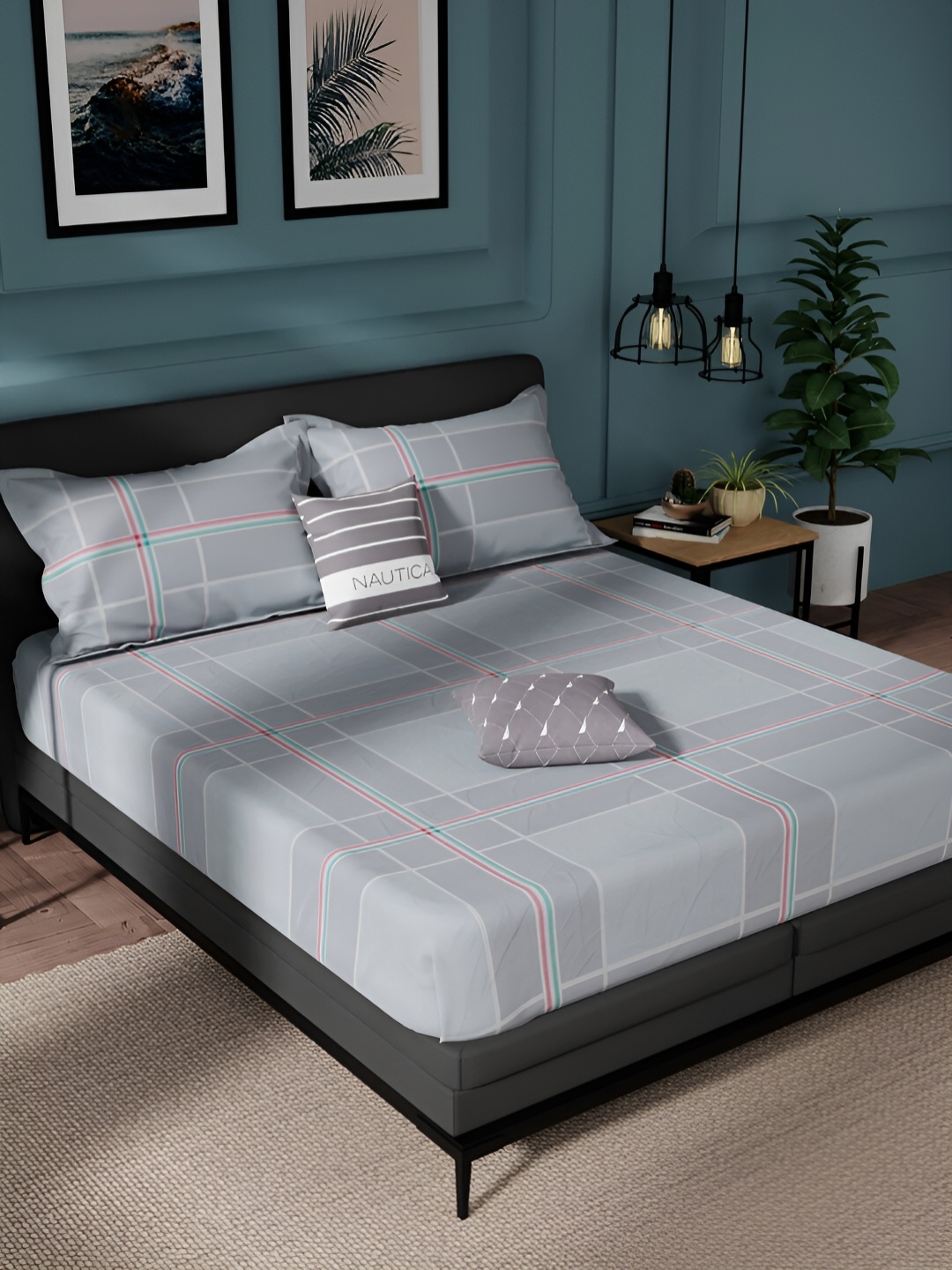 

Nautica Grey & White Geometric Pure Cotton 150 TC King Bedsheet With 2 Pillow Covers