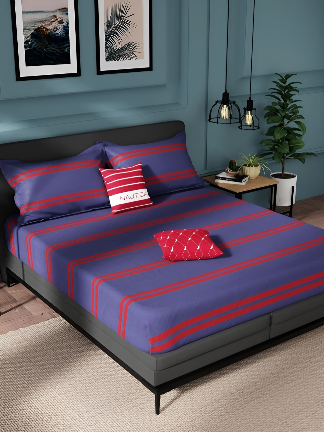 

Nautica Red & Blue Geometric Pure Cotton 150 TC King Bedsheet With 2 Pillow Covers