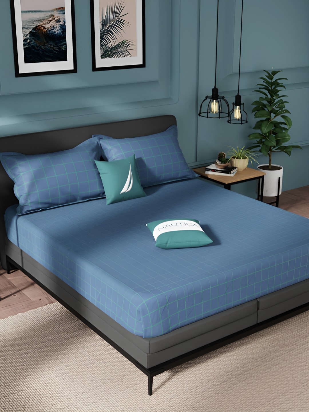 

Nautica Green & Blue Geometric Pure Cotton 150 TC King Bedsheet With 2 Pillow Covers