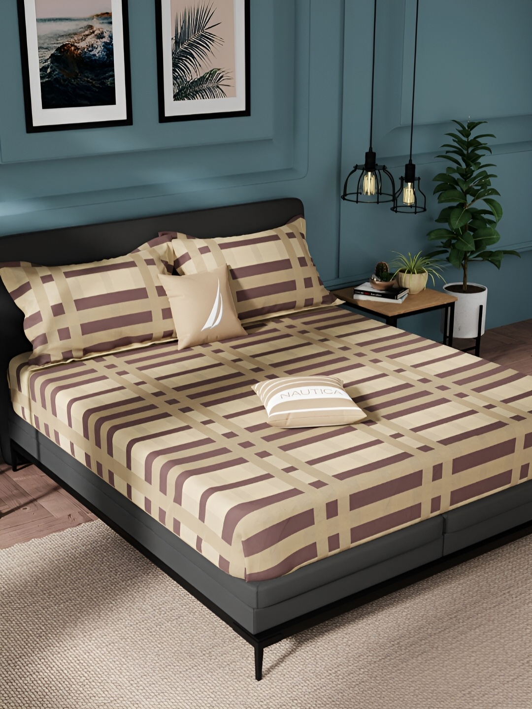 

Nautica Beige & Brown Striped Pure Cotton 150 TC King Bedsheet With 2 Pillow Covers
