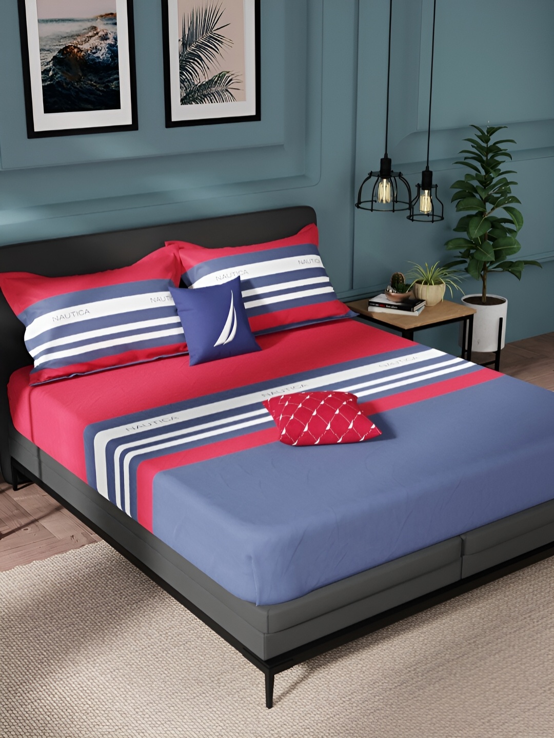 

Nautica Blue & Red Striped Pure Cotton 150 TC King Bedsheet With 2 Pillow Covers