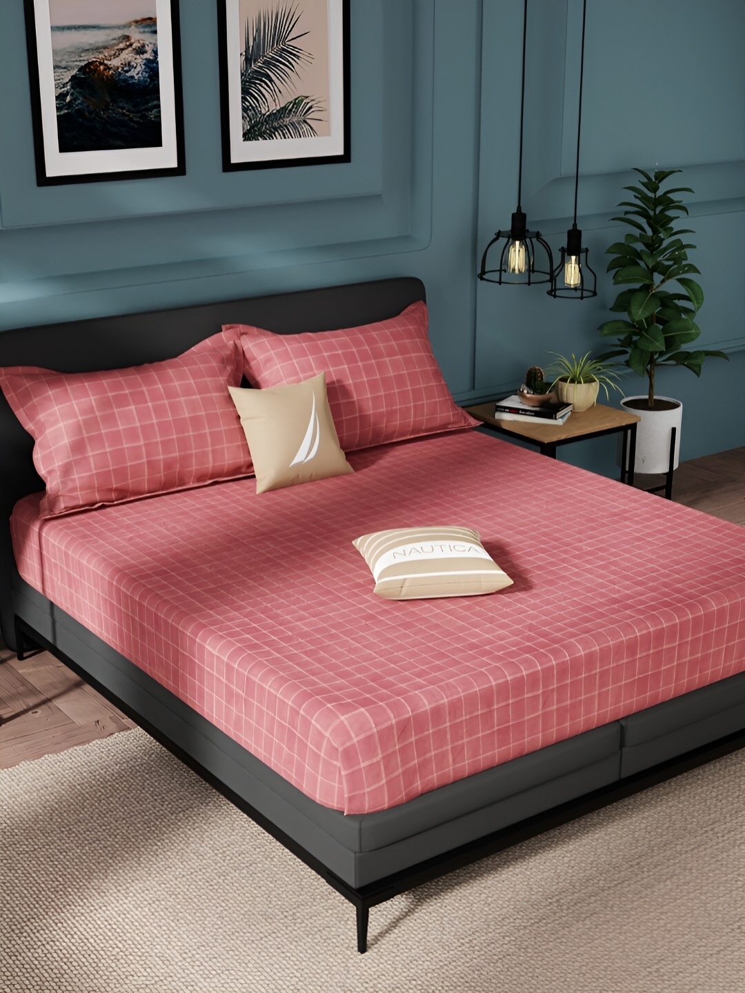 

Nautica Red & Cream Geometric Pure Cotton 150 TC King Bedsheet With 2 Pillow Covers