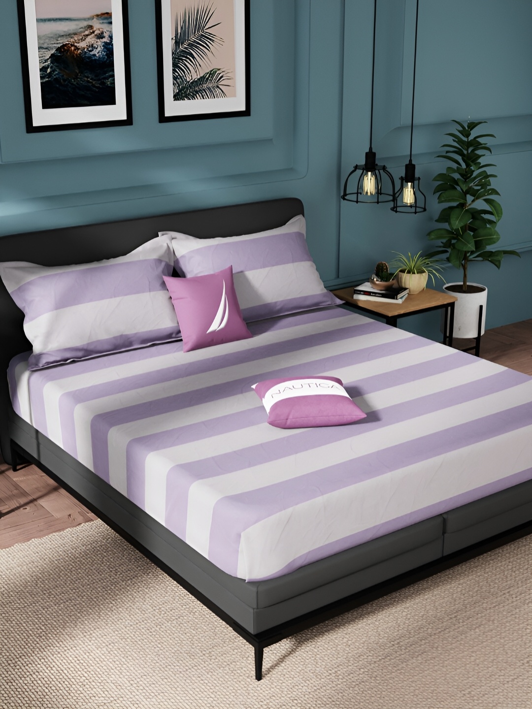 

Nautica Purple & White Geometric Pure Cotton 150 TC King Bedsheet With 2 Pillow Covers
