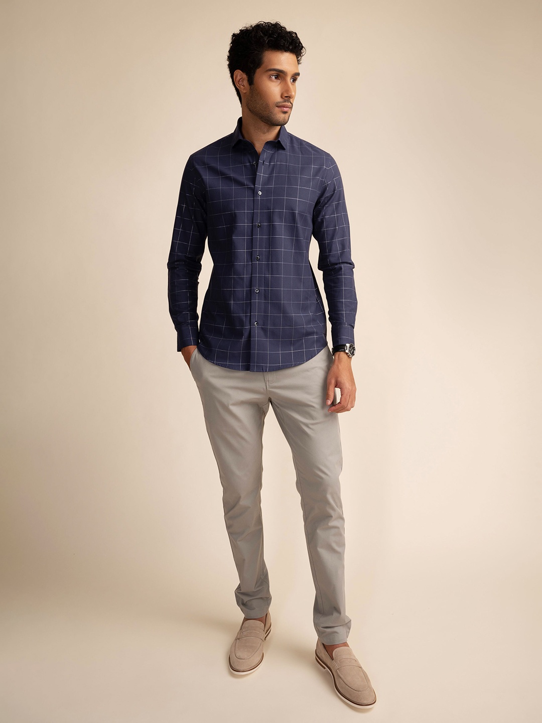 

KAAPUS Classic Slim Fit Opaque Geometric Cotton Casual Shirt, Navy blue
