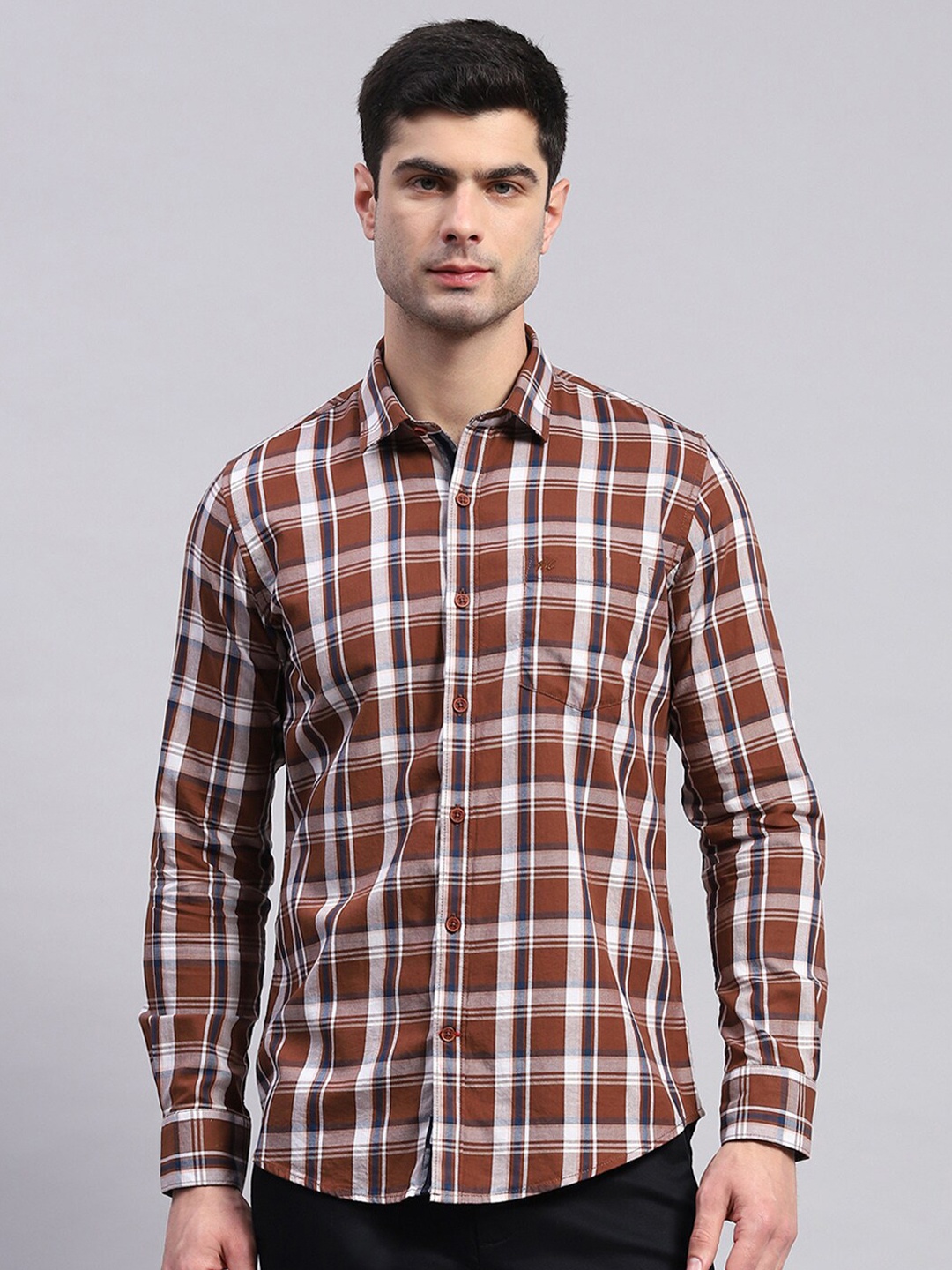 

Monte Carlo Classic Spread Collar Tartan Checks Opaque Cotton Casual Shirt, Brown